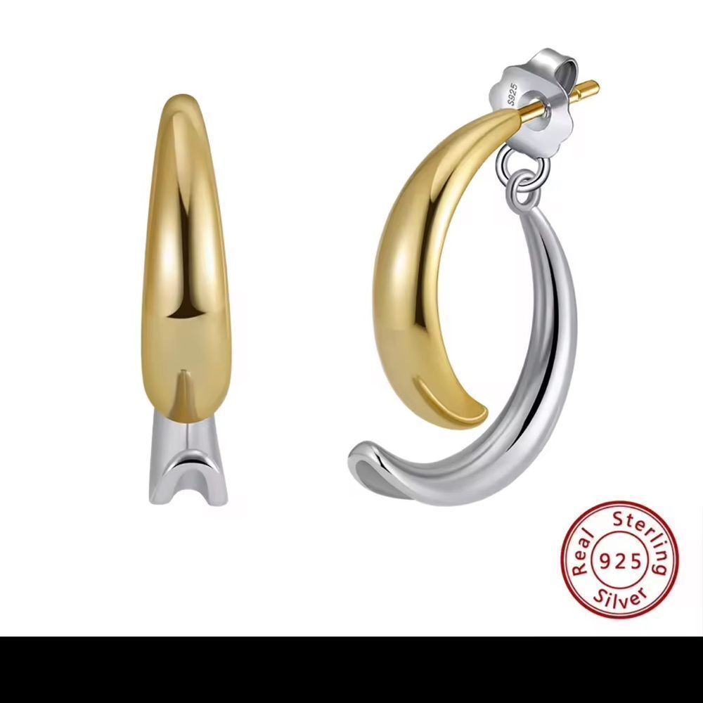 ENA 925 Sterling Silver C shaped stud  Gold and Silver Hoop Earrings